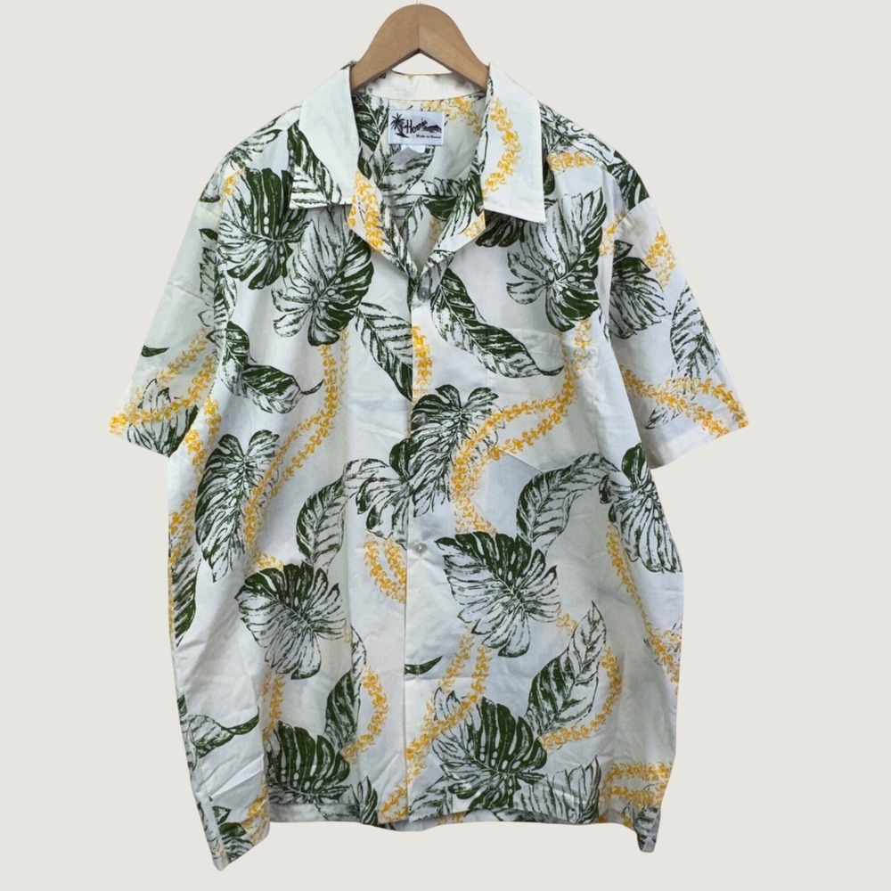 Howie Hawaii Shirt XL White Green Yellow Tropical Leaf Aloha Button Up Beach